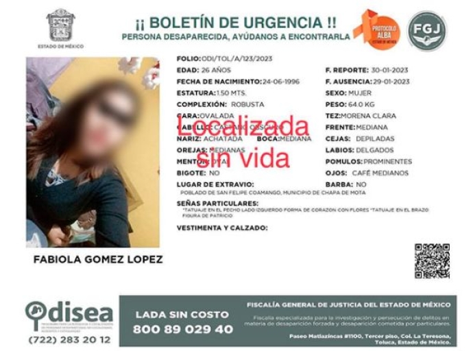 Hallan muerta a Fabiola, jovencita desaparecida