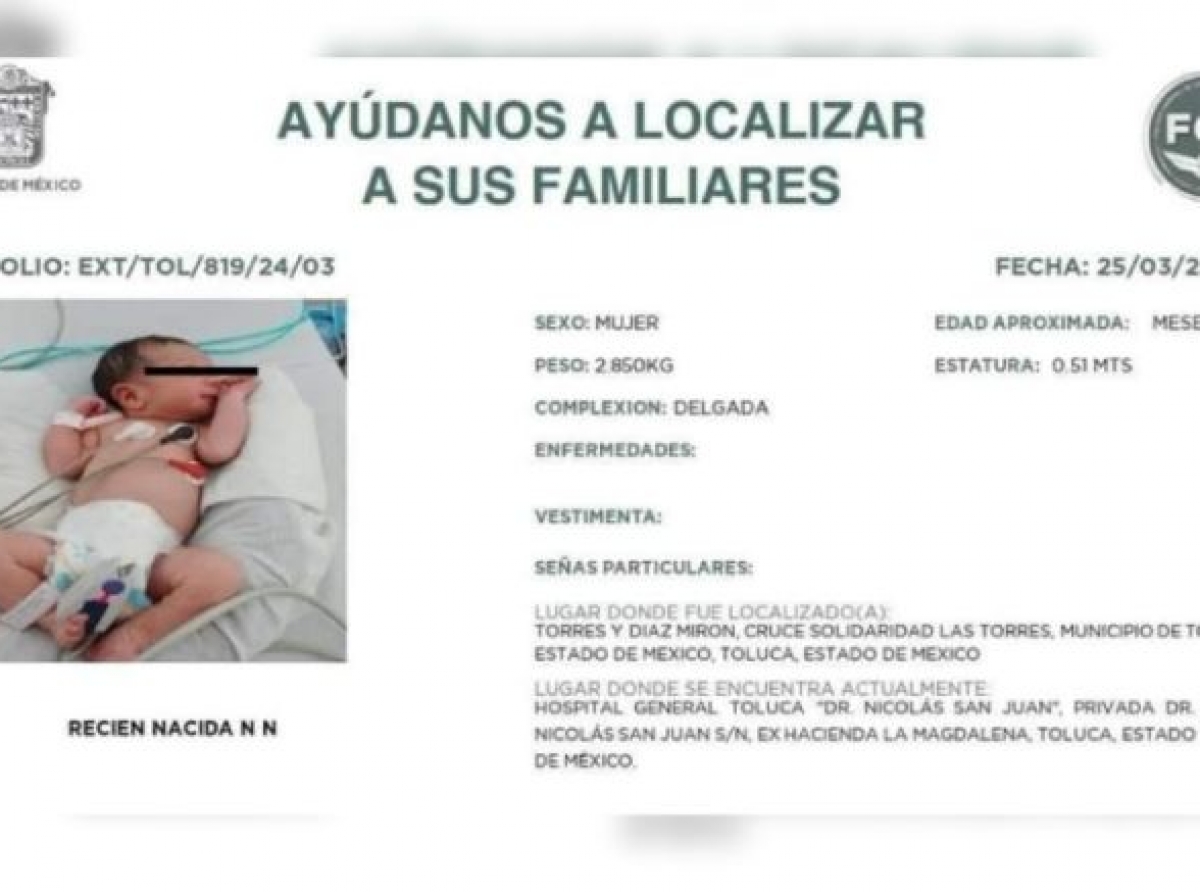 Buscan a familia de recién nacida abandonada 