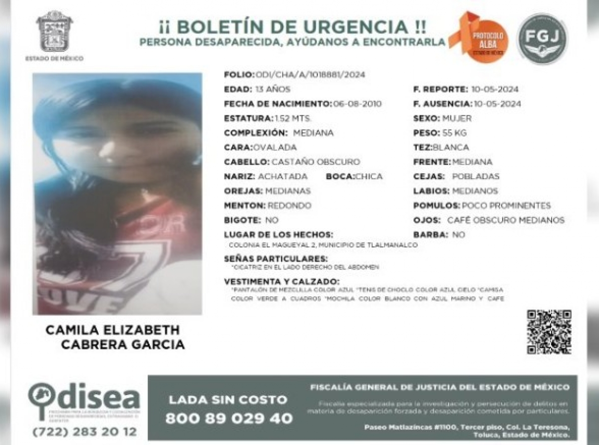 Camila Elizabeth, de 13 años, desaparece