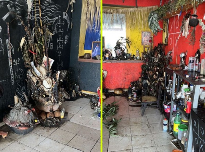 Hallan altar de restos óseos y marcas de sangre