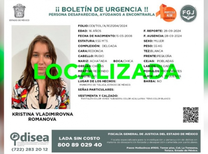 Hallan con vida a menor Kristina Vladimirovna