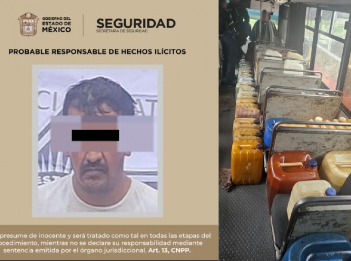 Detienen a huachicolero que transportaba gasolina en autobús de pasajeros en la México-Toluca 