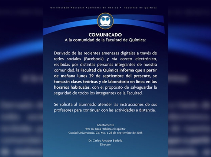 UNAM traslada clases en línea en más planteles por amenazas 